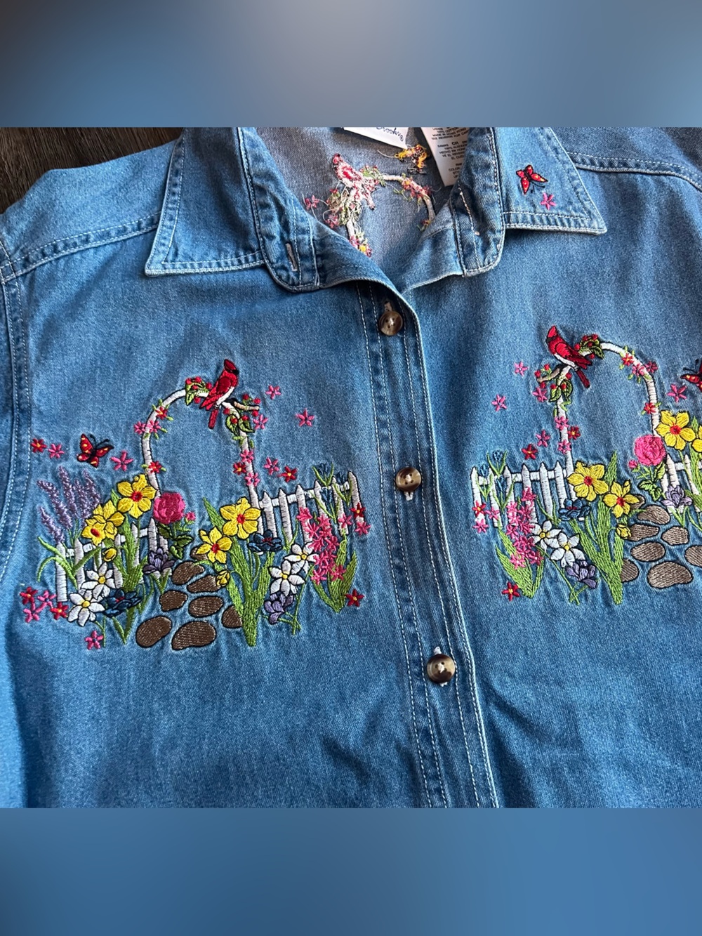 Bobbie Brooks Blue Denim Shirt with Multicolor Floral & Bird Embroidery